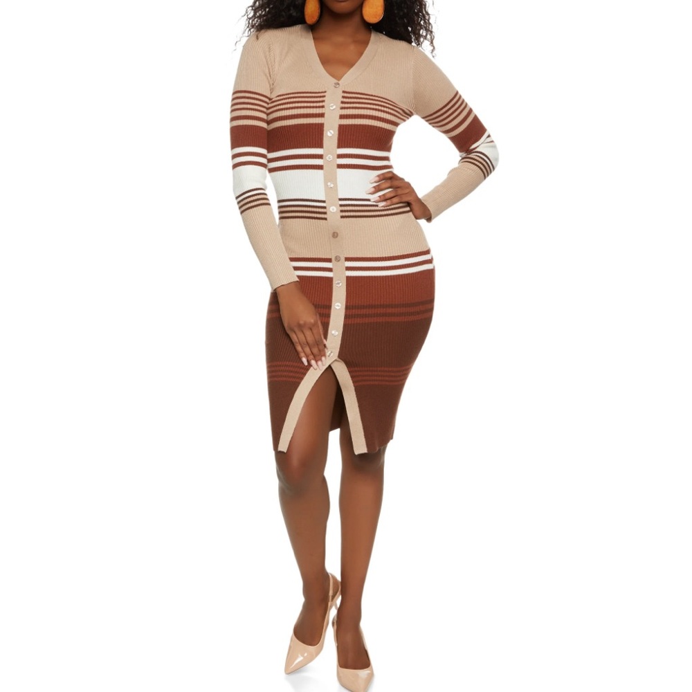 Striped Faux Button Front Midi Sweater Dress - Picture 2 of 7